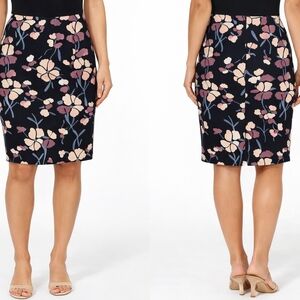 Ann Taylor Factory Black Floral Midi Pencil Skirt with Blush and Blue Accents